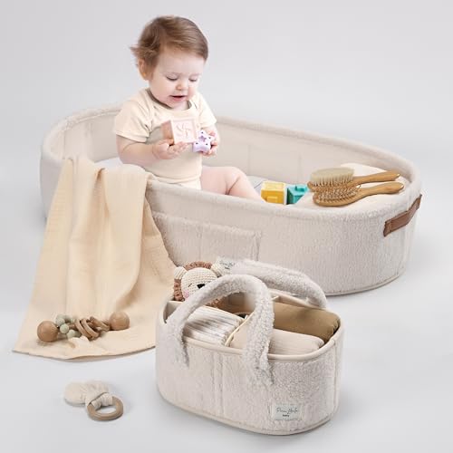 Image of PeraBella Baby Changing Basket for Dresser Top, Baby Moses Basket for Newborn, Portable Diaper Changing Pad Table Topper for Dresser, Includes Diaper Caddy Organizer with Handle, Moses Bassinet Mat