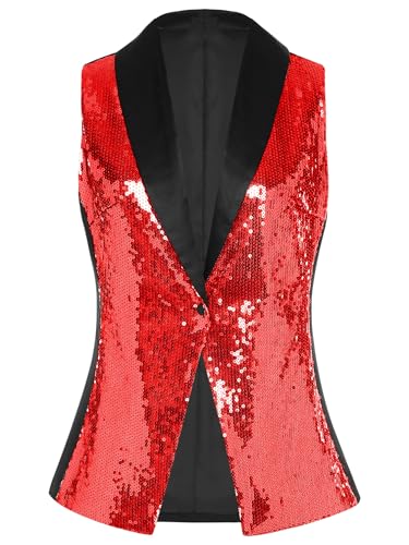 Womens Sparkly Sequins Vest V Neck Sleeveless Glitter Dressy Waistcoat One Button Outerwear