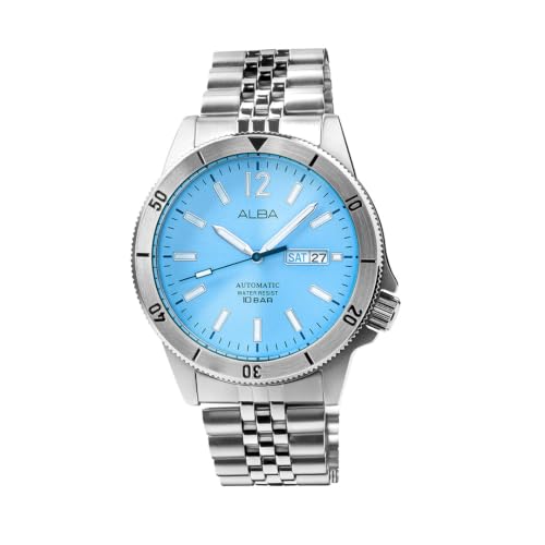Image of ALBA AL4653X1 Automatic Analog Watch for Men | Olympic Ice Blue Dial | Japanese Y676 Automatic Movement | 44 mm Stainless Steel Bracelet | Two-Way Rotating Bezel | Day & Date Display | See-Through Case Back | Mineral Crystal | 10 BAR Water Resistant