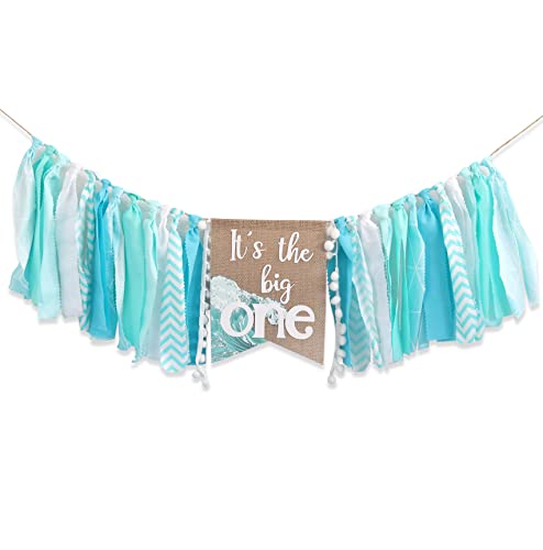 Big One Highchair Banner for 1st Birthday - Blue Banner for Baby Boys, Beach and Pool Party Decorations for Kids, Cake Smash Photo Props