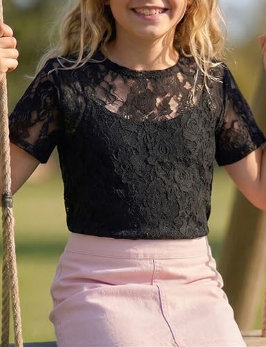 Image of Noomelfish Girls Lace Short Sleeve Layering Tops Sheer Mesh Tee Shirts Blouse (5-12 Years)