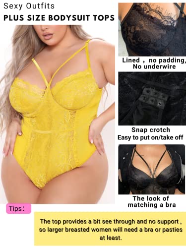 Kaei&Shi Plus Size Teddy Lingerie For Women,Wireless Corset Eyelash Floral Lace Bodysuit,Snap Crotch One Piece Sexy Lingerie Top Going Out Clubbing Outfit Yellow Xx-Large #TOP1