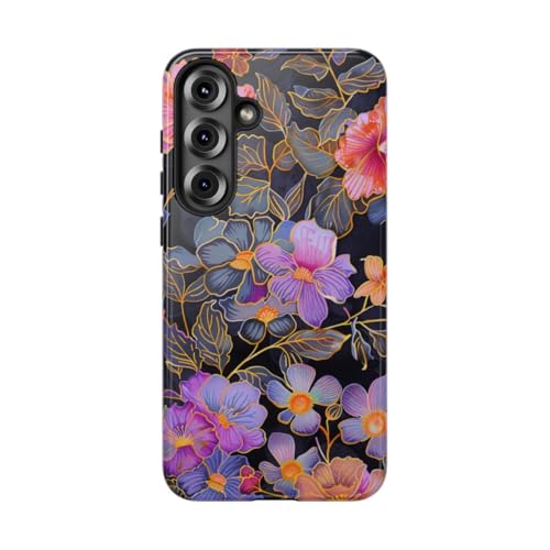 Coque Samsung S25 Plus motif floral vif noir brillante haut de gamme