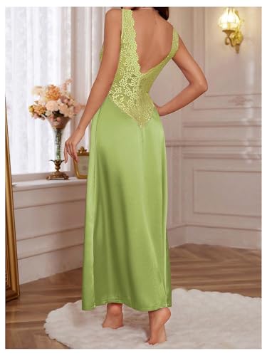 Image of WDIRARA Women's Satin Sleepwear Nightgown | Lace, Backless, Deep V Neck, Sleeveless, Long