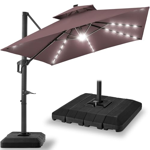 Best Choice Products 10x10ft Cantilever Patio Umbrella w/Base Included, Solar LED Lights 360 Rotation Large Offset Hanging Outdoor Shade for Deck Pool Backyard w/Stand – Deep Taupe