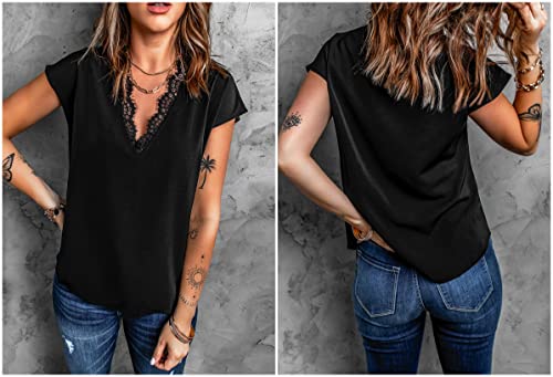 Lime Flare Women Sexy V Neck Lace Trim Satin T-Shirt Tops Dressy Silk Lacy Tank Blouse Shirt (Black Eyelash Lace Short Sleeve,Large) #TOP3