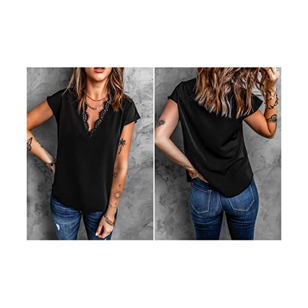 lime flare Women Sexy V Neck Lace Trim Satin T-Shirt Tops Dressy Silk Lacy Tank Blouse Shirt (Black Eyelash Lace Short Sleeve,X-L) - Image 5