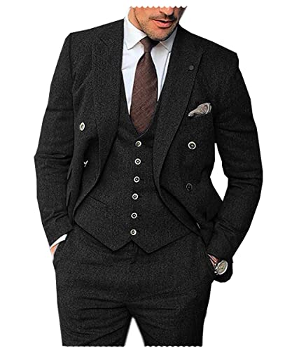 Vintage Mens Suit 3 Pieces Tweed Herringbone Regular Fit Business Jacket Classic Blazer Vest Sets Wedding Grooms