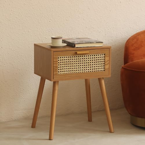 AWASEN Mid Century Nightstand, Rattan Side Table with Drawer, Modern Bedside Table with Storage and Solid Wood Legs for Living Room, Bedroom and Small Space (Brown) - Image 6