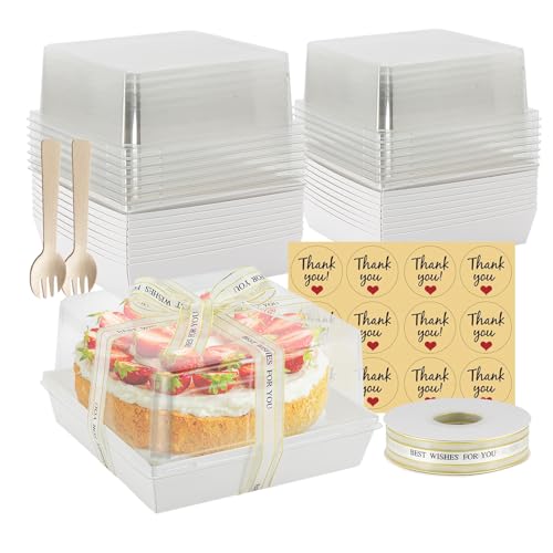 YTAXZ 7 x 7 x 4 Inches Paper Charcuterie Boxes with Clear Lids, 25 Pack Large Clear Cake Boxes for 4-6 Inch Cake, Disposable Bakery Boxes Food Containers for Cupcakes,Pie,Cookies, Cocoa Bomb White