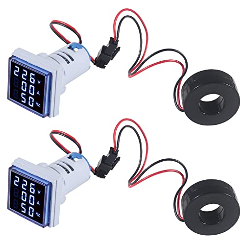 Image of 2PCS Current Voltage Hertz Meters, Digital 3 in 1 22mm Voltmeter Ammeter Hz Meter AC 60-500V 0-100A 20-75Hz Current Frequency Indicator LED Digital Voltage Amp Tester with CT (Blue)