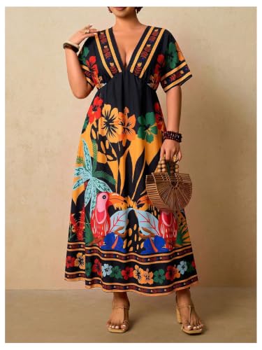 Image of Floerns Women's Plus Size Boho Hawaiian Tropical Dresses V Neck Short Sleeve Floral A Line Long Dress Vacation Beach Outfits