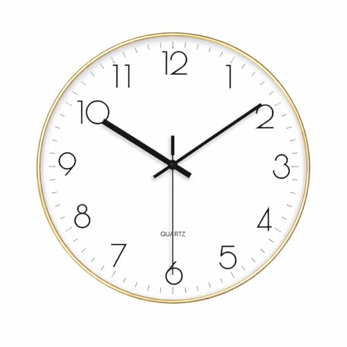GENHY 12 Inch Round Wall Clock Battery Operated Silent Non-Ticking Quartz Wall Clock with Large Numbers Modern Clock for Home Bedroom Kitchen Office Gold