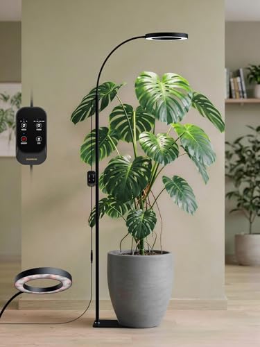 GLOWRIUM Grow Lights für Zimmerpflanzen, 20W Vollspektrum LED Grow Light Stehlampe mit Ständer Einstellbare Höhe und Winkel, Schwarz Pflanzenlicht mit 3/9/12H Grow Light Timer