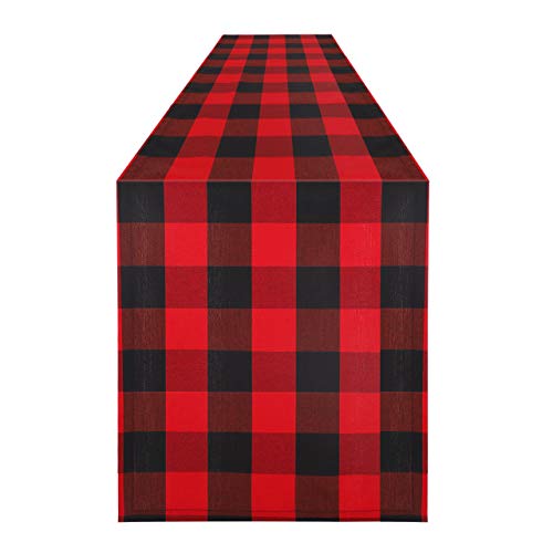 Syntus 14 x 108 inch Buffalo Check Table Runner Cotton-Polyester Blend Handmade Black and Red Plaid for Family Dinner, Outdoor or Indoor Parties, Thanksgiving, Christmas & Gathering