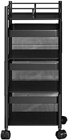 VR7 3/4/5 layer 360 degree Rotating Square shape Vegetable Rack Serving Trolleys/bathroom cart/ Household Storage Shelf Fruit Vegetable Rack with Hollow Mesh Baskets Black (Black, 3 Tier)