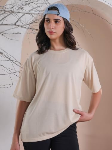 Image of CHKOKKO Oversized Round Neck Drop Shoulder Solid Polyester Full Sleeves T-Shirt for Women