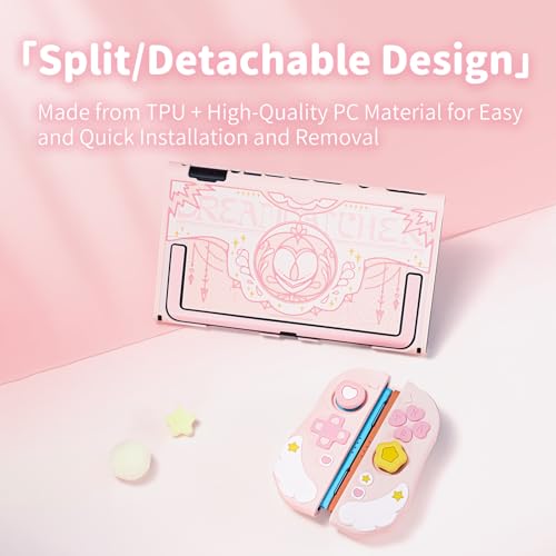 Image of Geekshare Protective Case Set Compatible with switch 2, PC Back Plate with Silicone Joysticks Covers, Includes 2 Thumb Grips, Waterproof Protection - Star Wing Series (Pink)