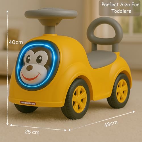 Image of MiniExplorer Monkey Ride-On Toy Car for Kids | Push Ride Car with Music, Horn, Backrest, Safety Guard, Under Seat Storage & Big Wheels | Baby Ride-On for 1-3 Years Boys & Girls - Yellow
