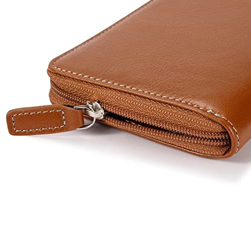 Image of HISCOW Leather Checkbook Cover, Zippered Wallet, Antiqued Brown | Full grain cowhide, 5cc & ID window, personal check book & register pockets, removable duplicate divider, women secure zipper