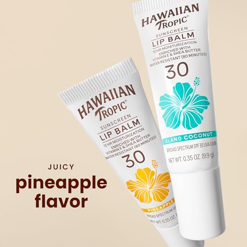 Image of Hawaiian Tropic Sunscreen Lip Balm SPF 30, Pineapple, 0.3 Oz | Hydrating SPF lip balm with vitamin E and shea butter, Natural finish, Pineapple flavor, Water resistant, Travel sunscreen