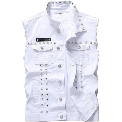 Unisex Solid Color Casual Lapel Denim Vest Sleeveless Rivets Jean Vests Jacket Outerwear