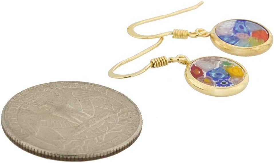Glass Of Venice Italian Murano Glass Earrings Dangle Round Multicolor Millefiori Flower - Gold Over Sterling Silver Small - Murano Glass Earrings For Women