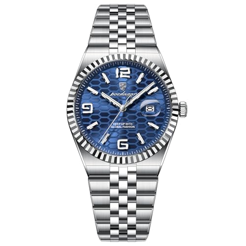 Poedagar Men Fashion Clock Waterproof Luminous Date Luxury Man Watch Stainless Steel Classic Quartz Business Men's Watches (Silver Blue)