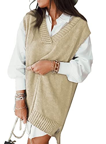 Image of EVALESS Oversized Sweater Vest for Women V Neck Sleeveless Solid Color Loose Pullover Sweater