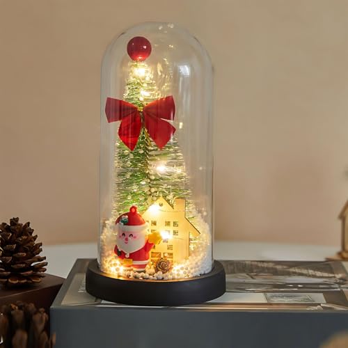 LED Christmas Tree Cloche Glass Dome 9 Inch Santa...