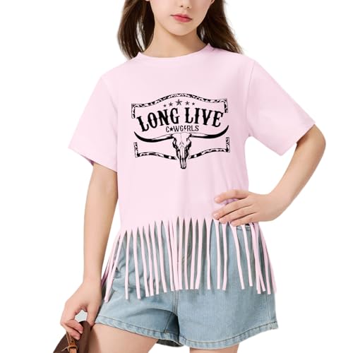 Image of Wrenpies Girls Western Fringe Shirt Long Live Cowgirls Country Rodeo Shirts Kids Cow Skull Graphic Tees Tassel Fringe Tops