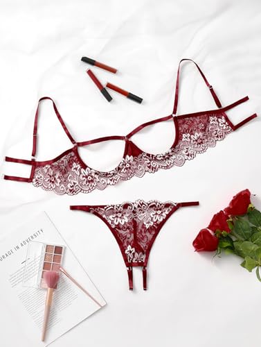Lilosy Women'S Sexy Underwire Floral Lace Sheer Lingerie Set See Through Bra And Panty 2 Piece Floral Burgundy Red Medium thumb #4