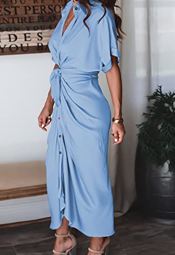 Image of Linsery Long Dress Women Elegant Satin Short Sleeve Button Belted Shirt Work Dress Light Blue L