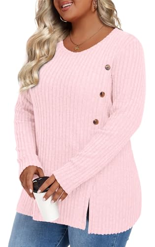 Image of HOTGIFT Womens Plus Size Sweater Tops Long Sleeve Crewneck Casual Tunic Shirts Buttons XL-5XL Blouse Soft Comfy Fashion