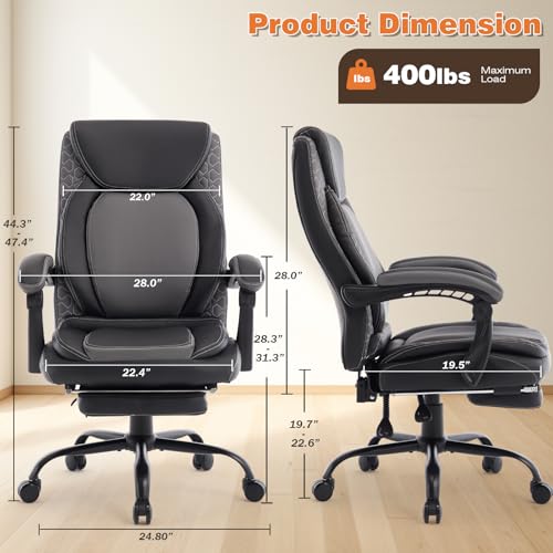 Image of Reclining Ergonomic Office Chair with Footrest, Big Tall Recliner Office Desk Chairs with Lumbar Support, 400lbs Heavy Duty High Back Leather Executive Computer Chair with Wheels, Back Grey