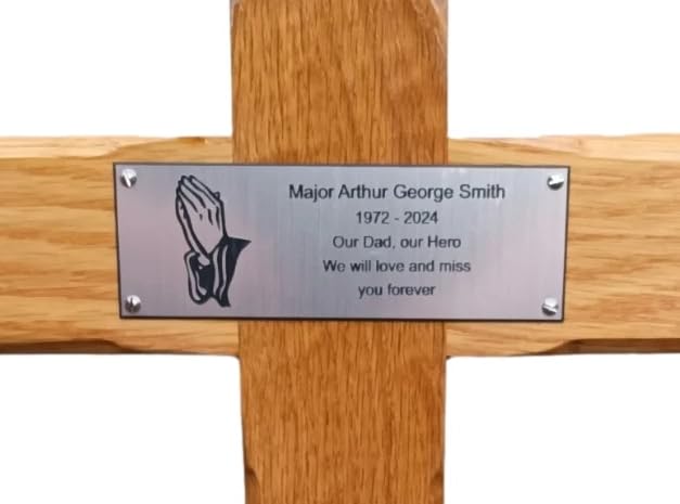 County Engraving Personalised Memorial Cross Solid Oak Wooden Grave Marker With Ground Stake - Enter Your Own Custom Text (Praying Hands)