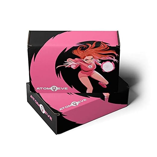 Invincible Atom Eve Box with Atom Eve Action Figure, Character Design Sheet, Pink Atom Eve Logo Socks, Atom Eve and Rexplode Comic Vol. #1, Character Pin, Invincible Logo Pin