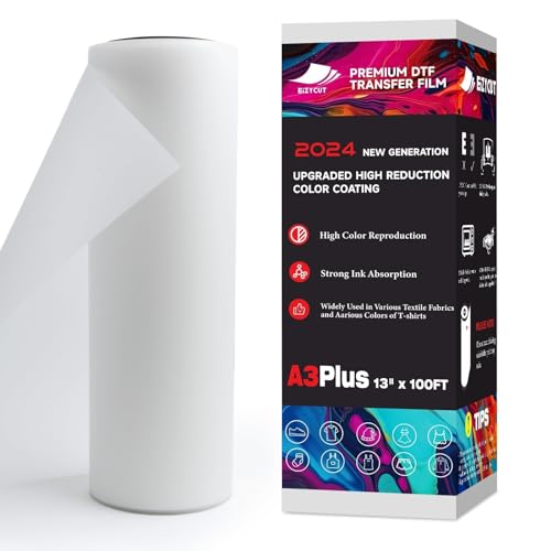 EIZYCUT DTF Transfer Film Roll 13inch x 100ft - A3 Plus Premium DTF Film Roll, Double Sided Matte PET Heat Transfer DTF Paper Roll for All Dark Fabric Textile and Colors T Shirts