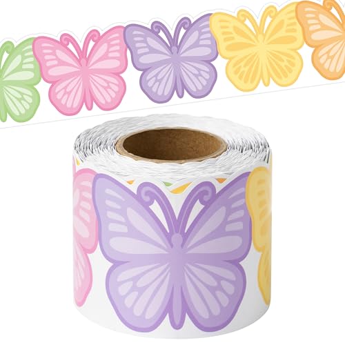 Image of BeYumi Pastel Butterfly Border Trim - 65ft Back to School Colorful Butterfly Rolled Border Trim Summer Pastel Butterflies Die-Cut Bulletin Board Set School Classroom Chalkboard Party Springtime Decor