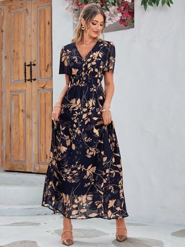 Image of Simplee Women's Boho Floral Maxi Dress Flowy Casual V Neck Short Sleeve Wedding Guest Holiday Beach Long Dress