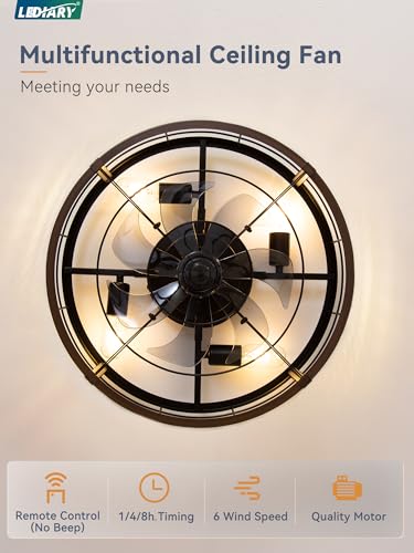 Image of LEDIARY 20 inch Caged Ceiling Fan with Light and Remote, Low Profile Flush Mount Fandelier, Walnut Bladeless Enclosed Small Fan Lights Ceiling Fixtures, Rustic Farmhouse Style for Bedroom, Outdoor