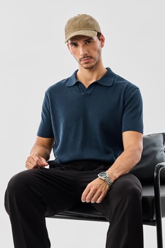 Image of SNITCH Men Knitted Polo T-Shirt | Geometric Pointelle Textured Knit & V-Placket Polo Collar | 100% Cotton Breathable Summer Knit, Casual Resort Wear
