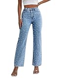 Kedera Women Pearl Baggy Jeans Loose Fit Casual Rhinestone Jeans Straight Leg Stretchy Denim Jeans Mid Blue