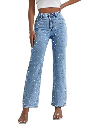 Kedera Women Pearl Baggy Jeans Loose Fit Casual Rhinestone Jeans Straight Leg Stretchy Denim Jeans Mid Blue