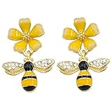 Bee Stud Earring Gold Plated Bee Dangle Drop Stud Earrings for Women Yellow Flower Crystal Jewelry
