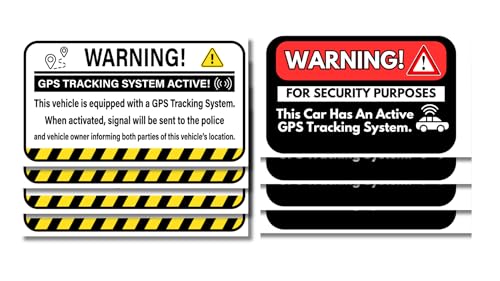 GPS Tracking System Warning Stickers for Vehicles, 8 Pack 2 x 3.5 in Waterproof, Weatherproof, UV Resistant GPS Security Alert Vinyl Signs for Vehicles & Automobiles.