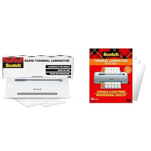 Bundle of Scotch Thermal Laminator, Ready in 1 Min, Never Jam Tech, 9 in, Incl 2 Pouches (TL909X-EF) + Scotch Thermal Laminating Pouches, 50 Ct, 3 mil., Fits Letter Sized (8.9 in. × 11.4 in.) Paper