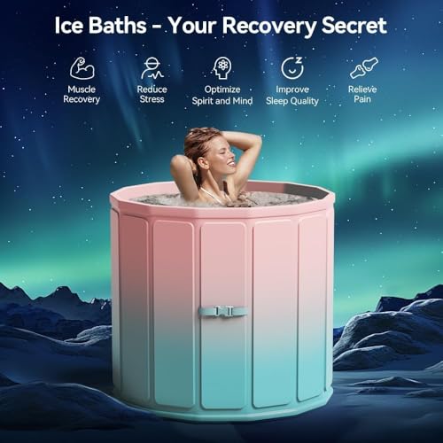 Image of Lexara Portable Folding Bathtub for Bathroom - Large Freestanding Soaking Tub with Thick Insulated, Ice & Hot Spa Tub, Collapsible Cold Plunge Therapy, Muscle Recovery Tub (Bucket Rainbow Bath)