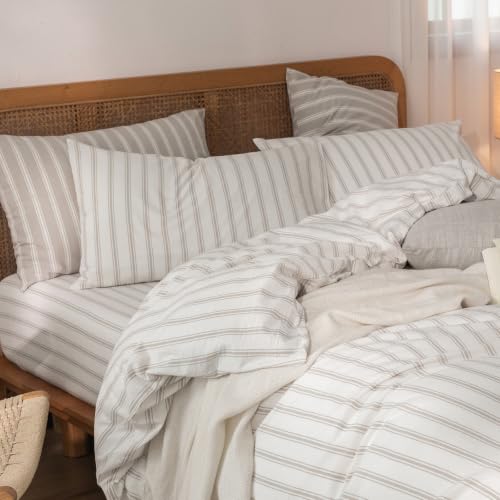 Image of BESTOUCH Duvet Cover Set 100% Washed Cotton Linen Feel Super Soft Comfortable Chic Lightweight 3 PCs Home Bedding Set White & Linen Grey Stripes Twin