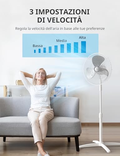 COMFEE' CFS40PW00A2 40W Ventilatore a Piantana, 3 Velocità Regolabili, Oscillazione 90°, Altezza Regolabile, Flusso d'Aria Potente e Funzionamento Silenzioso, Ideale per Casa e Ufficio, Bianco - Immagine 3